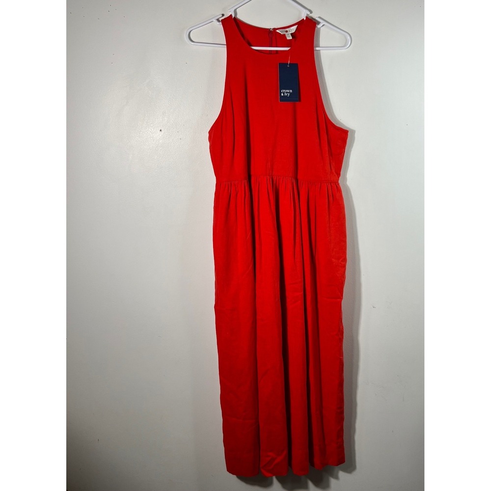 Crown & Ivy Red Linen Blend Sleeveless High Neck Maxi Dress with Pockets Size 10